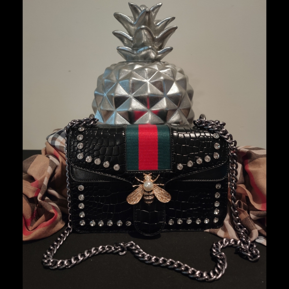 Black Croc-Embossed Crossbody Bag with Red-Green Stripe and Bee Accent